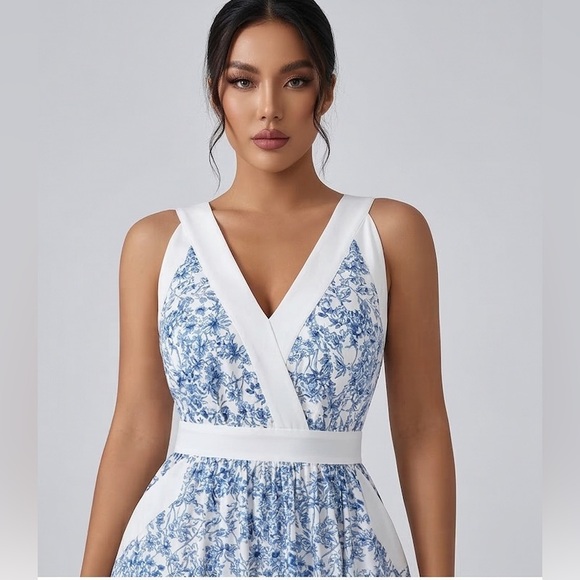 LAST ONE 🔥 Serene Azure Floral V-Neck Maxi Dress With Pockets Blue - Picture 2 of 8